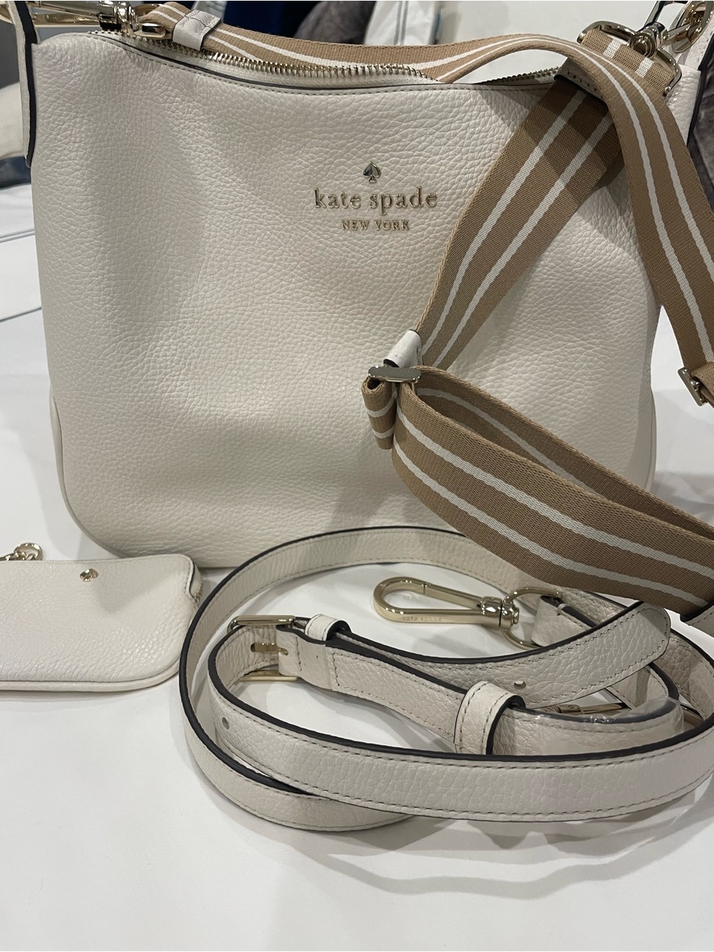 kate spade White Pebbled Leather Crossbody with Striped Tan Strap